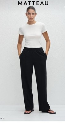 Matteau Relaxed Pin Stitch Trousers Black Wool High Rise Size 14 NWT $580 Retail