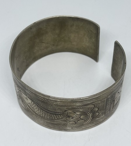 Antique Silver Jewish Judaica Kabbalah Talisman Fish Motif Wide Cuff Bracelet - Picture 6 of 17