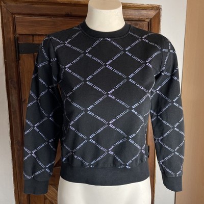 Karl Lagerfeld Damen Sweatshirt schwarz Argyle Logo Print Boxy Größe XS