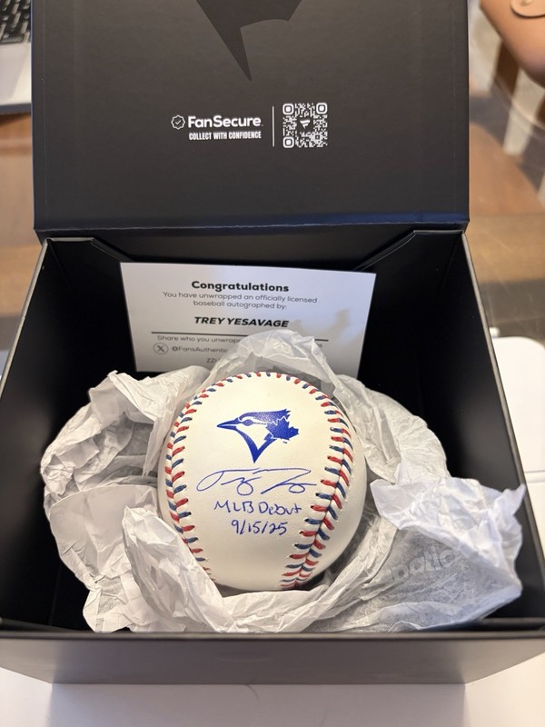 TREY YESAVAGE- BLUE JAYS 2026 FANATICS UNDER WRAPS Signed Inscribed Team Ball