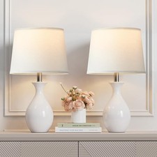 Table Lamp Set of 2, Modern Ceramic Bedside Lamps for Night Stands, White