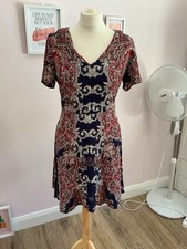 Oasis Paisley Print Tea Dress UK 10 Navy Red V Neck Short Sleeve 100% Viscose