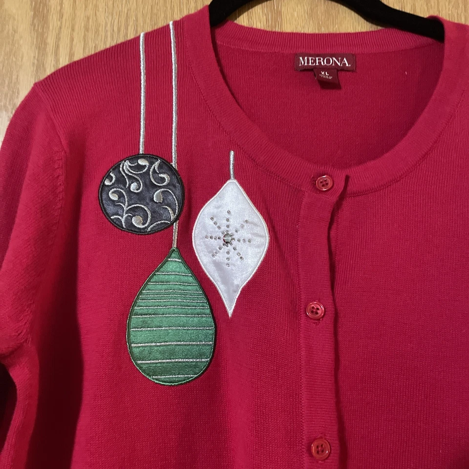 Suéter Merona Mujer’s XL Rojo Cárdigan Adornos de Navidad - Algodón Suave Foto 2 de 4