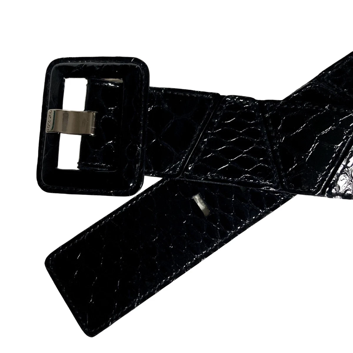 Vintage Calvin Klein Black Patent Leather Stretch Belt Large Croc