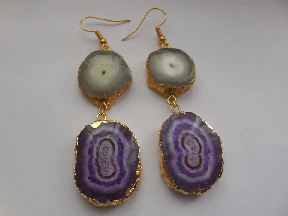 Pendientes Druzy Rebanada Púrpura, Pendiente Rebanada Solar, Joyería Natural, Pendiente Druzy Foto 2 de 4