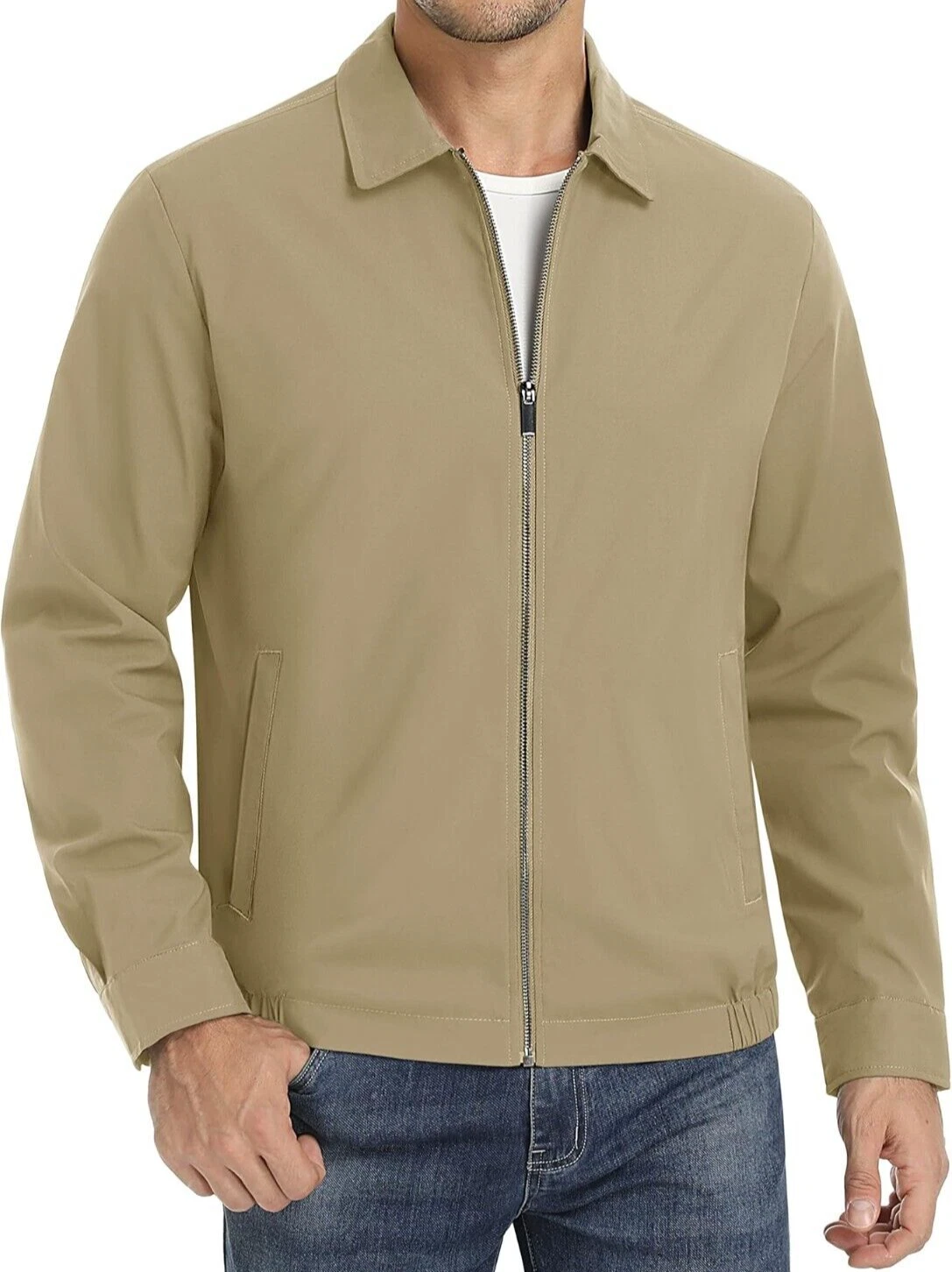 Mens Lightweight Jacket | Medium Khaki Outdoor Varsity Windbreaker Full Zip Coat