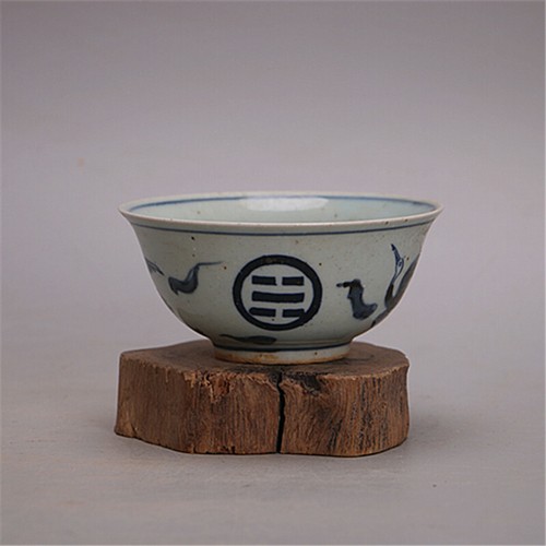 4.5" Chinese Ming Blue and White Porcelain Crane Design Bowl Decor Collect Gift - Picture 3 of 5