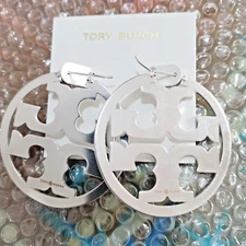 NEW TORY BURCH BIG ROUNDNESS LOGO SILVER Earrings