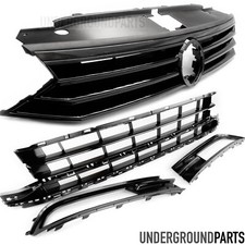 VW PASSAT B8 ALL GLOSS BLACK FRONT BUMPER GRILLES UPPER LOWER & FOG LIGHT COVERS