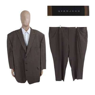 Sean John 3 Piece Brown Pinstripe Big & Tall Suit Size 60R Pants 57X27