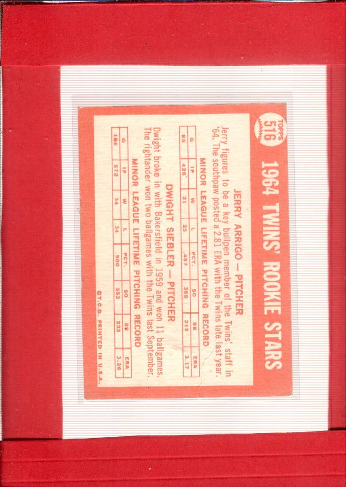 1964 Topps 516 Gerry Arrigo/Dwight Siebler G Good RC Rookie Twins Twin