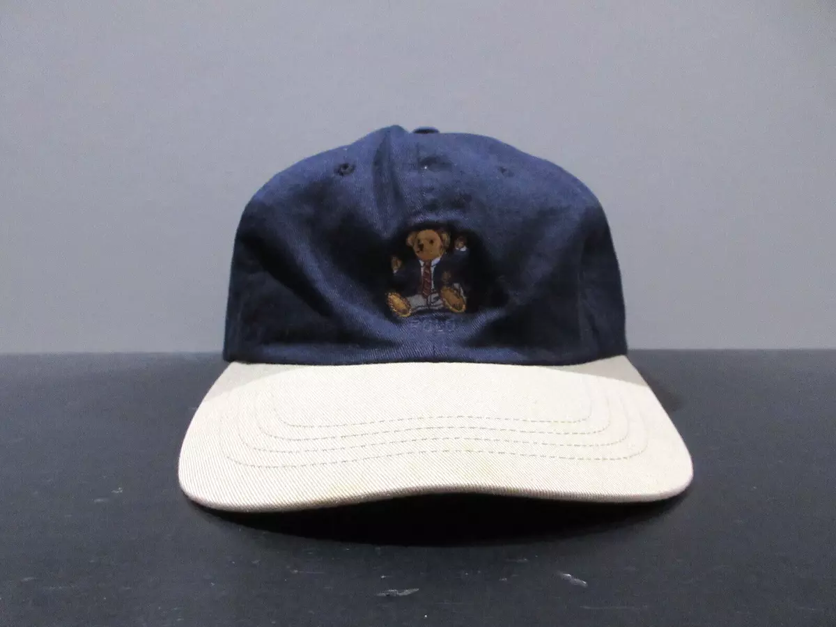 VINTAGE Ralph Lauren Polo Hat Cap Strap Back Blue Sit Down Bear Logo Mens 90s