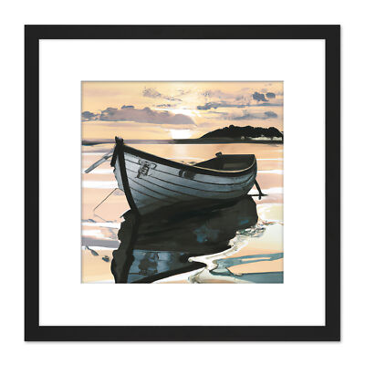 Gerahmter Wandkunstdruck Sonnenuntergang Angeln Ruderboot Friedlicher See Dämmerung Quadrat 8 x 8 Zoll
