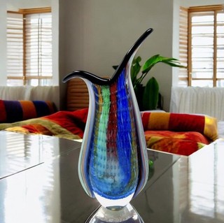 Huge 30cm Murano Art Glass End Of Day Multi Coloured Bubble Freeform Beak Vase