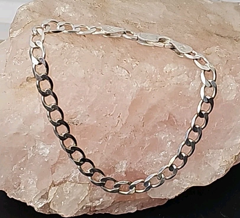 Solid Sterling Silver Curb Chain Bracelet Stamped… - image 1