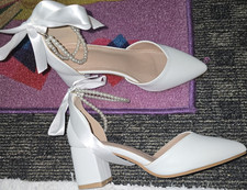 Women  s White Solid Pointed Toe Block Pump Heels Tie Bow Pearl Ankle Strap 5.5