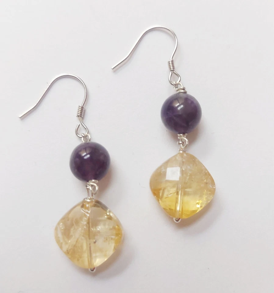 Orecchini in argento 925 con ametista naturale da 8 e citrino naturale a rombo - Immagine 3 di 4