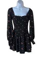 Free People Two Faces Dress Black Floral Size XS Boho Smocking Coquette Mini