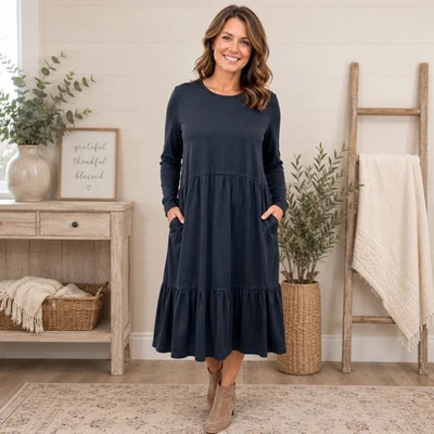 LOGO by Lori Goldstein Blue Midi Dress Size Large Ruffle Hem With Pockets - Image 1 of 4