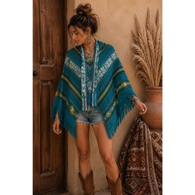 Vintage Inca Quichua Wool Poncho Cape Fringe Shawl Turquoise Boho Southwestern