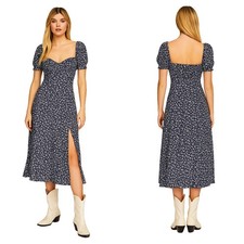 Reformation Dress Womens Size 4 Blue Lacy Floral Midi Sweetheart Puff Sleeve