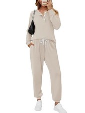 2 Piece Sets for Women Sweatsuit Casual Tracksuits Long Sleeve Medium B Beige