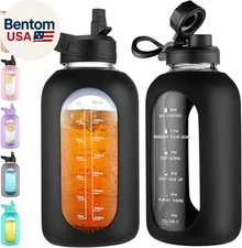 64 Oz Glass Water Bottle Jug with Straw and Handle, Half Gallon Sports Motivatio