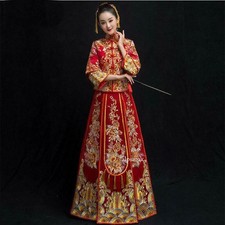 Chinese Traditional Wedding Bride Dress Women Embroider Cheongsam Qipao Set 0630