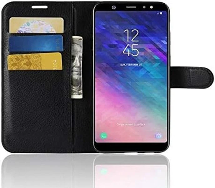 Étui Samsung Galaxy A6 2018 Portefeuille Simili Cuir Noir Housse Rabattable - Photo 1/4