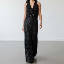 Calvin Klein Black Silver Sparkle Sleeveless Maxi Dress Gown Sequin Size 4