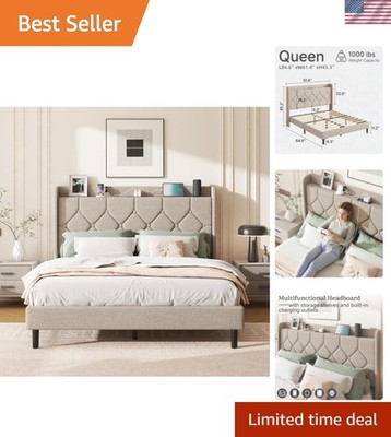 Queen Size Bed Frame with Diamond Tufted Linen Headboard & Storage Charging P...