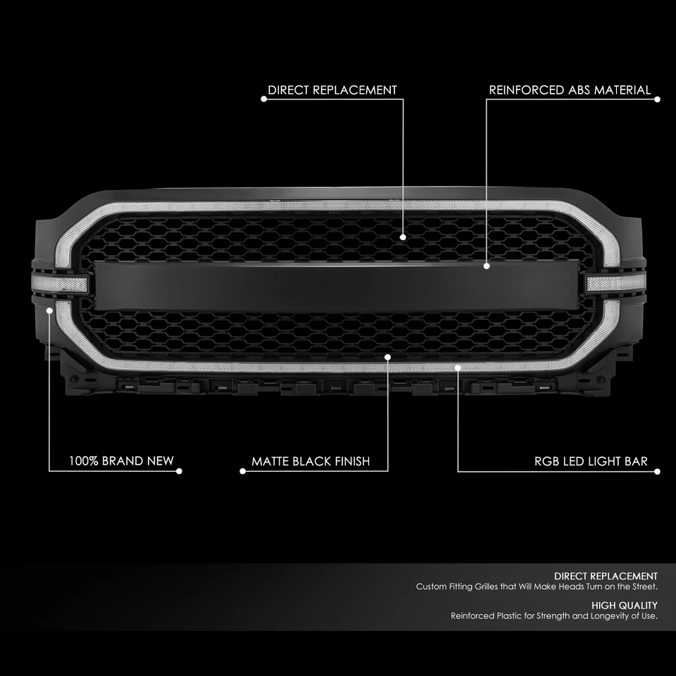 Black Badgeless Honeycomb Mesh Front Grille w/RGB LED DRL Light for 21-23 F 150 - Image 2 of 4