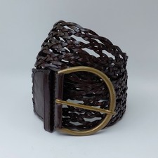 Brown Pleated Leather Boho Belt 26"-32" Brass Coloured Oversized Buckle 