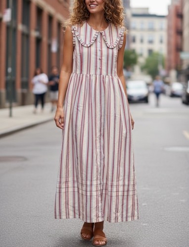 NWT Caroline Constas Women Size M French Striped Ruffle Collar Maxi Dress $495