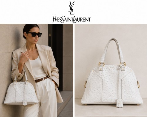 Yves Saint Laurent YSL Muse Large Genuine Ostrich Leather White Rive Gauche Bag