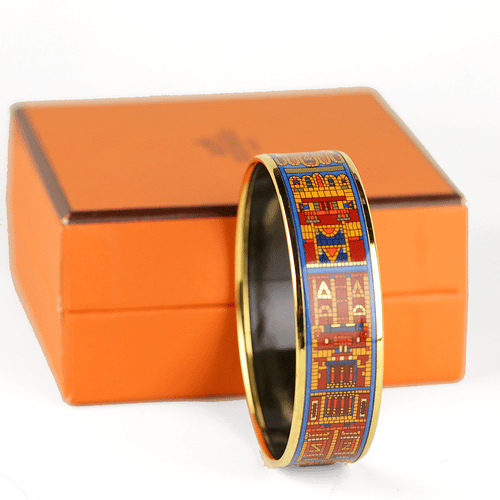 HERMES BRACELET 65 Wide Gold Plated Printed Enamel Bangle Mosaic Print - Picture 3 of 5