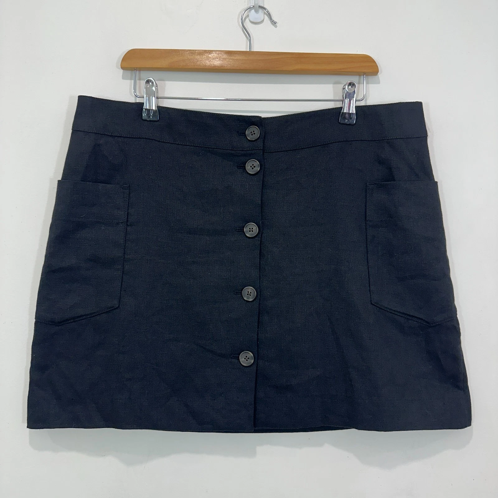 Witchery Linen Mini Skirt Women AU 16 (36 in Waist) Black Button Up Lined