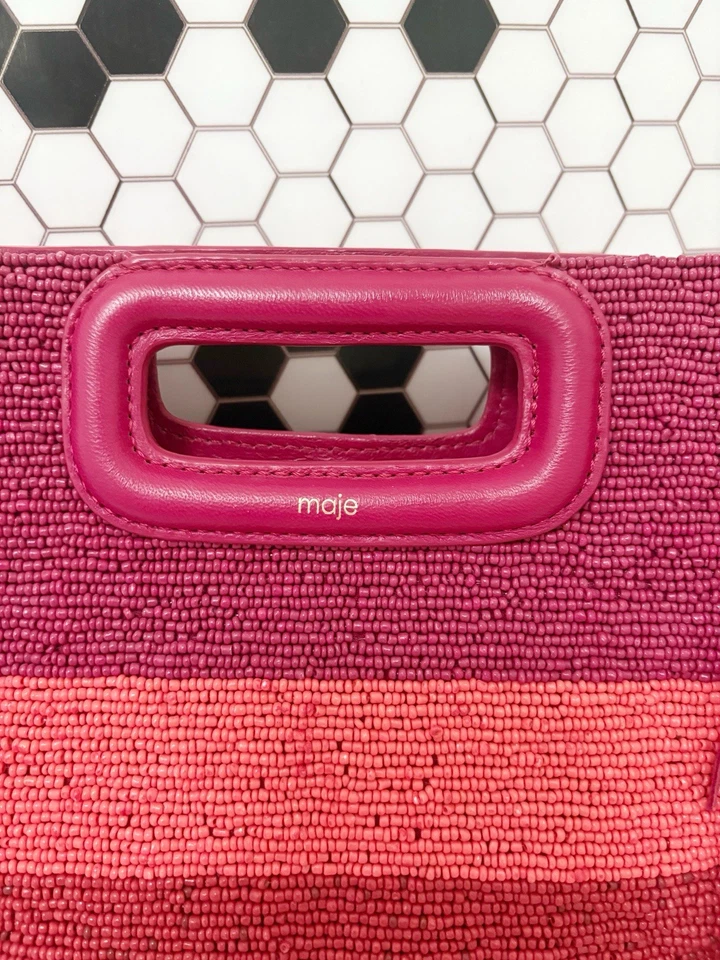 Maje M Bag Pink Leather Beaded Fringe Crossbody Shoulder Handheld Designer Rare - Image 3 of 4