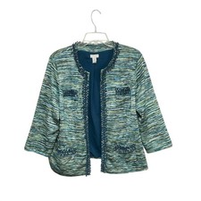 Chico's Green Blue Striped Open Front Fringe Trim Blazer Jacket Size Large