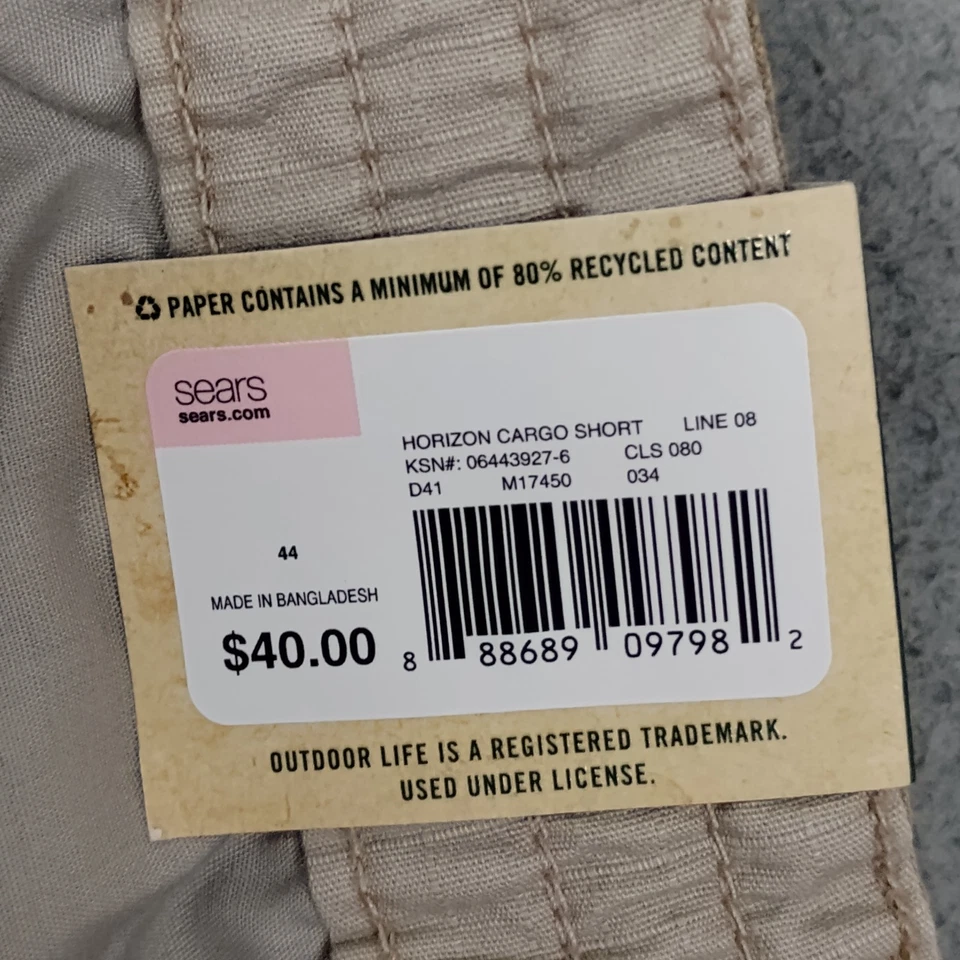 NUEVO Pantalones Cortos Carga Outdoor Life Sears Para Hombre Talla 44 Tostado Horizon 100% Algodón Nuevos con Etiquetas Foto 4 de 4