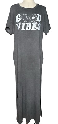 good vibes t shirt dress Fantastic Fawn GOOD VIBES Loose Fit Gray T-Shirt Maxi Dress with Pockets  Size S