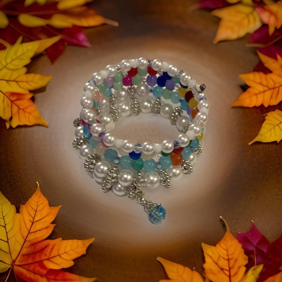 Белый жемчуг многоцветный 8 мм стеклянные бусины ручной работы надежном браслет - Изображение 3 из 4