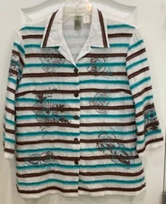 Multiple Soft Womens Button Up Blouse Size M White Brown Blue Collared Floral Y1