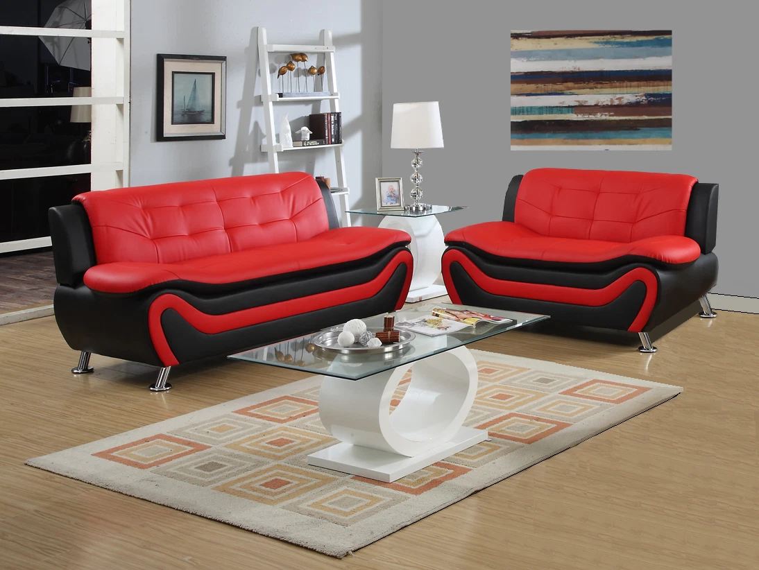 New Sofa Loveseat Set Black Red Leather