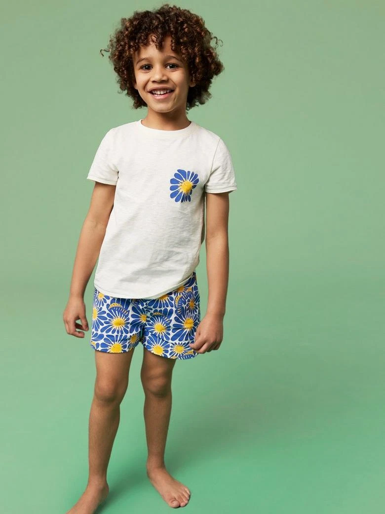 White Stuff Sunny Boys Flower Pyjama Set Kids Short Sleeved Cotton Nightwear