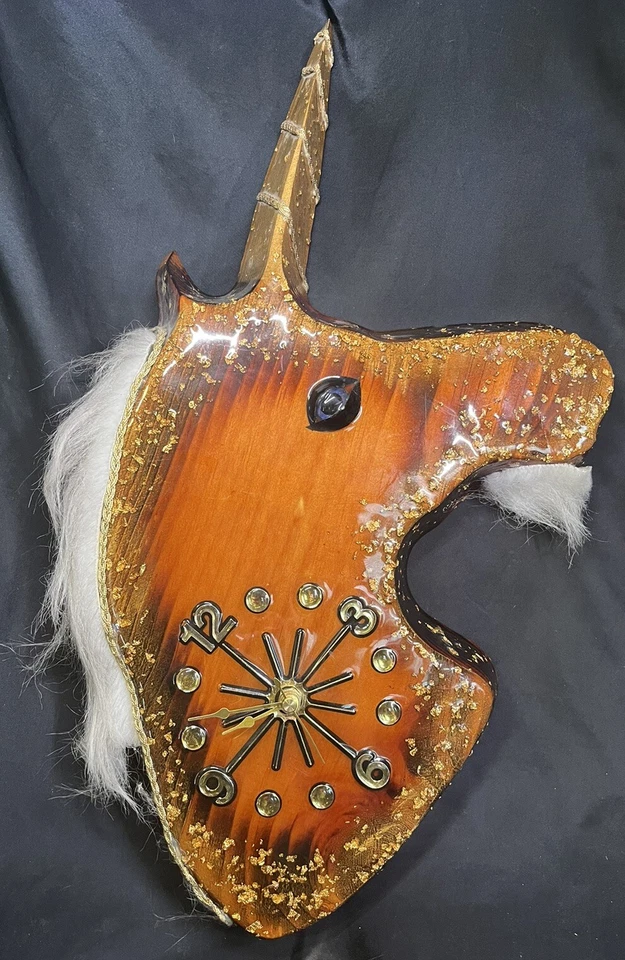 Vintage  Solid Lacquered Wood ,Mythical Unicorn Clock W 24K Gold Flake & Hair - Image 2 of 4