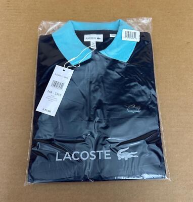 New Lacoste Kids Colorblock Pique Short Sleeve Polo Navy Blue Boys Size 14  16