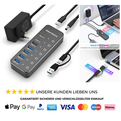 USB C 3.2 Hub Aktiv mit Netzteil RSHTECH 7 Port USB 3.1