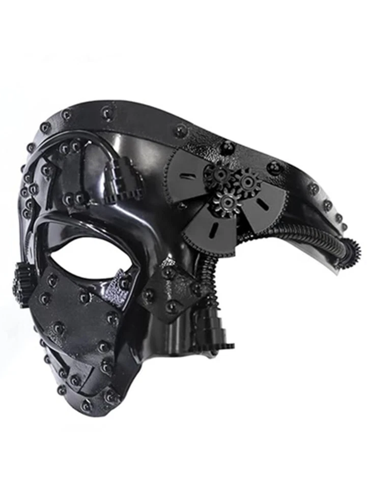 Máscara de látex de media cara Steampunk para adultos con engranajes remaches oro antiguo plata negro Foto 2 de 4