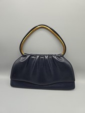 Vintage Navy Blue Leather Frame Handbag purse Gold Metal Click Closure